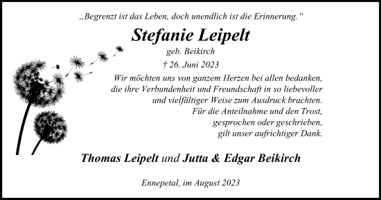 Traueranzeige von Stefanie Leipelt von Tageszeitung
