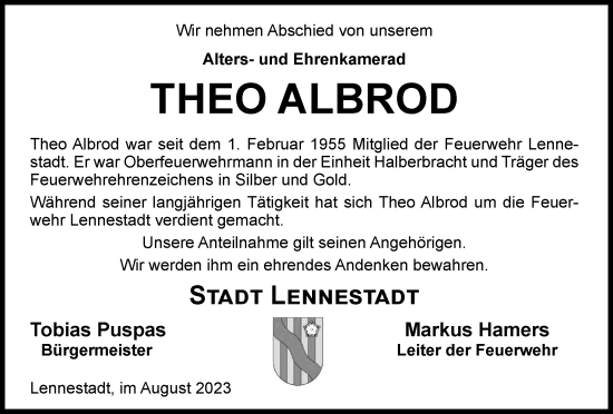 Traueranzeige von Theo Albrod von Tageszeitung