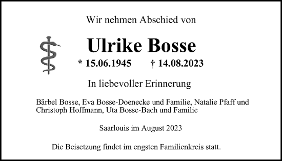 Traueranzeige von Ulrike Bosse von Tageszeitung