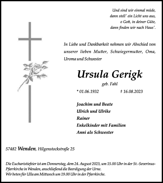 Traueranzeige von Ursula Gerigk von Tageszeitung