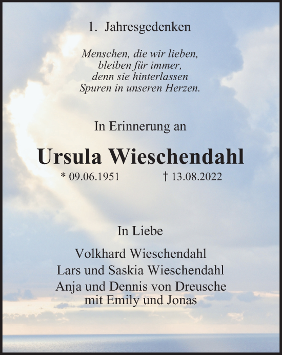 Traueranzeige von Ursula Wieschendahl von Tageszeitung