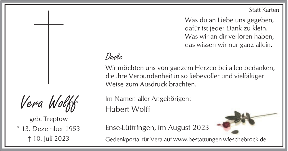  Traueranzeige für Vera Wolff vom 26.08.2023 aus Tageszeitung