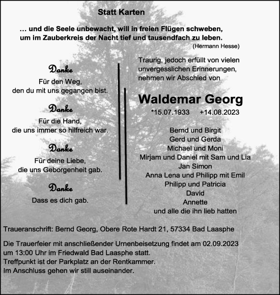 Traueranzeige von Waldemar Georg von Tageszeitung