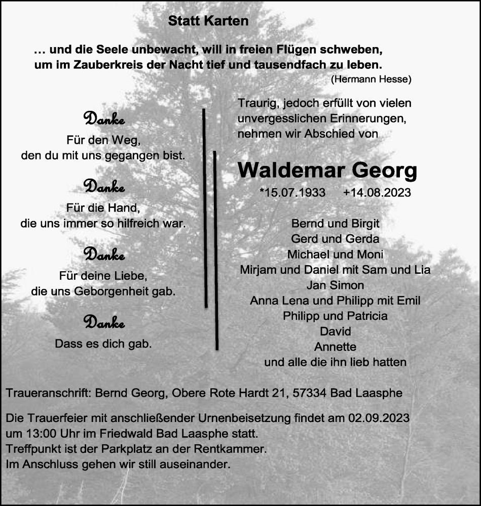  Traueranzeige für Waldemar Georg vom 19.08.2023 aus Tageszeitung