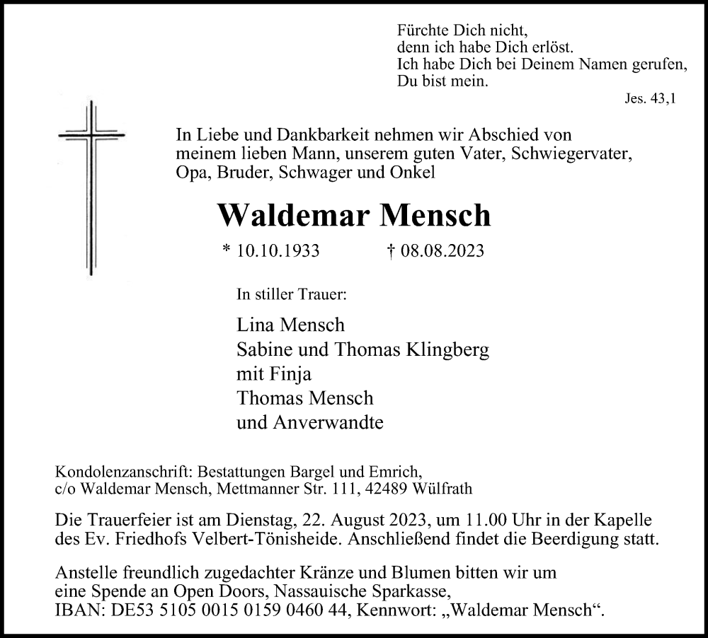  Traueranzeige für Waldemar Mensch vom 19.08.2023 aus Tageszeitung