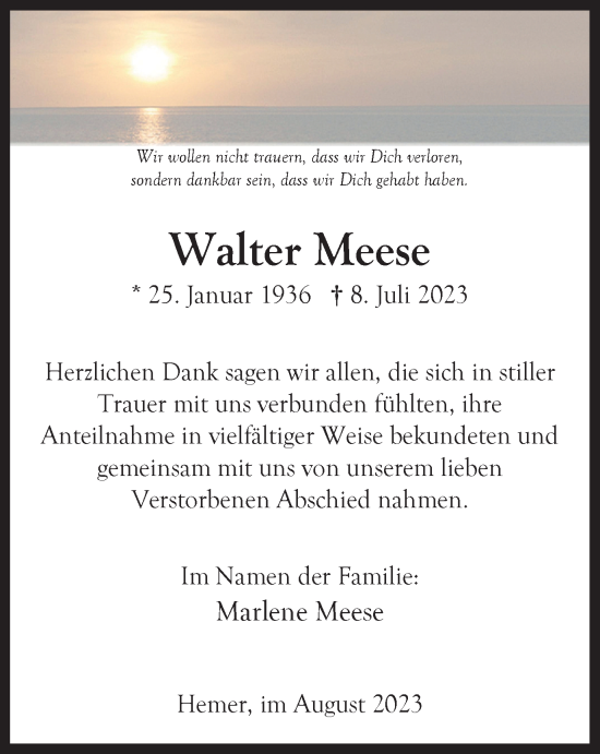 Traueranzeige von Walter Meese von Tageszeitung