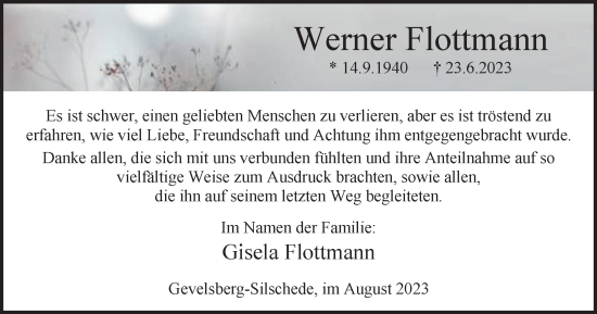 Traueranzeige von Werner Flottmann von Tageszeitung