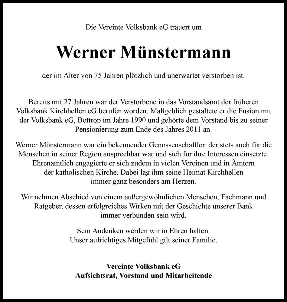  Traueranzeige für Werner Münstermann vom 12.08.2023 aus Tageszeitung
