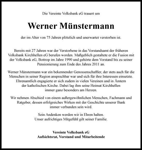 Traueranzeige von Werner Münstermann von Tageszeitung