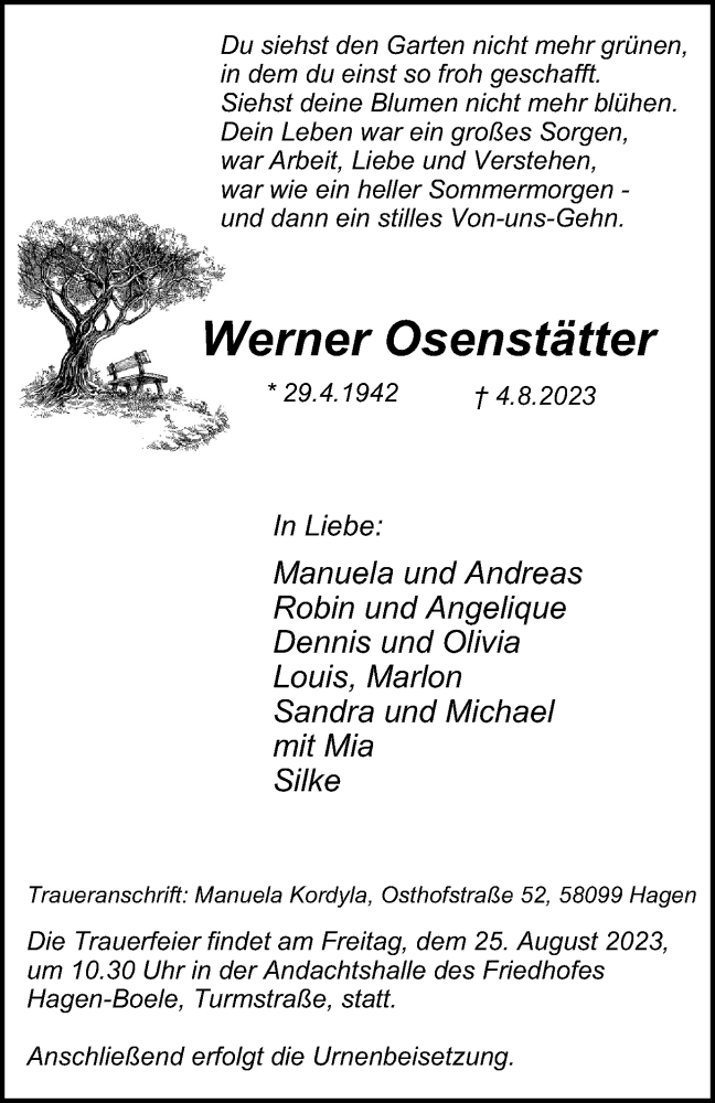  Traueranzeige für Werner Osenstätter vom 19.08.2023 aus Tageszeitung