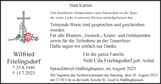 Traueranzeige von Wilfried Frielingsdorf von Tageszeitung