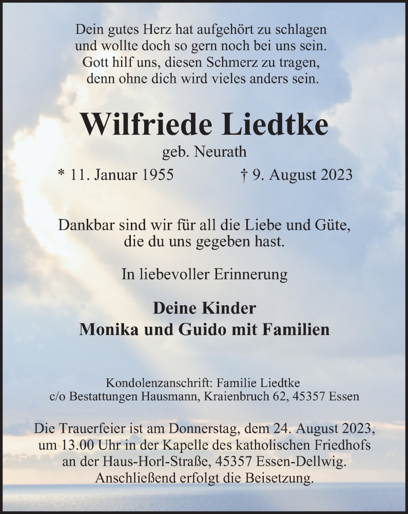  Traueranzeige für Wilfriede Liedtke vom 19.08.2023 aus Tageszeitung