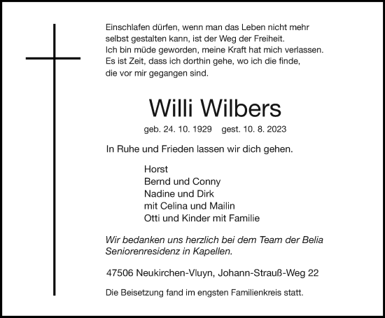Traueranzeige von Willi Wilbers von Tageszeitung
