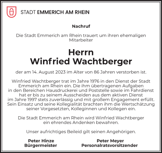 Traueranzeige von Winfried Wachtberger von Tageszeitung