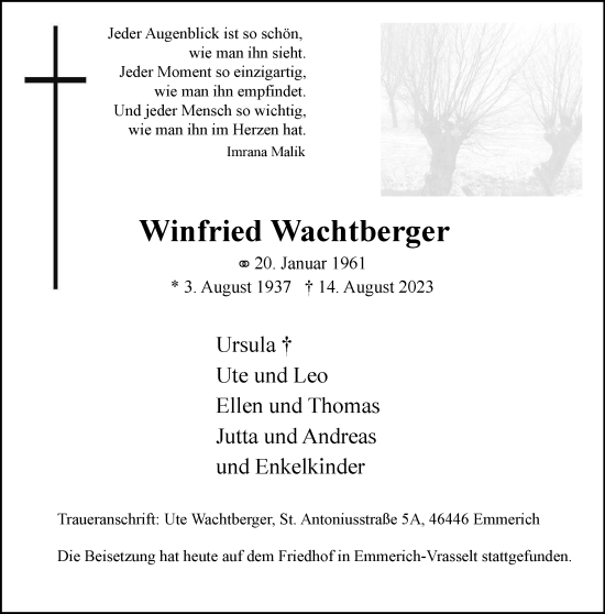 Traueranzeige von Winfried Wachtberger von Tageszeitung