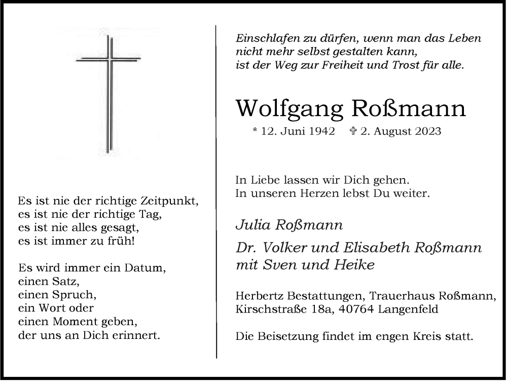 Traueranzeige für Wolfgang Roßmann vom 19.08.2023 aus Tageszeitung
