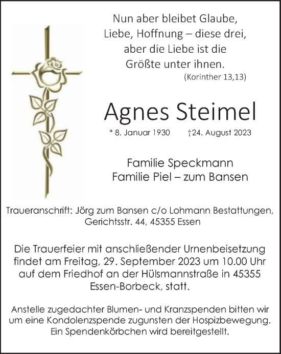 Traueranzeige von Agnes Steimel von Tageszeitung