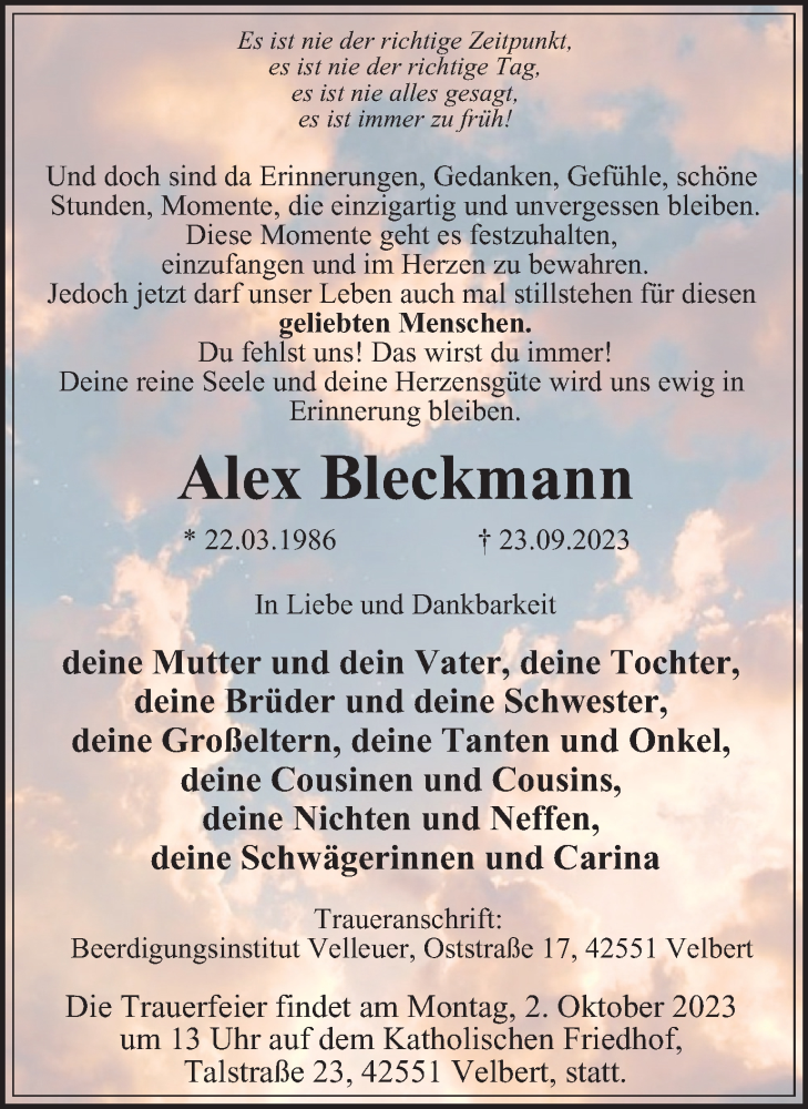  Traueranzeige für Alex Bleckmann vom 30.09.2023 aus Tageszeitung