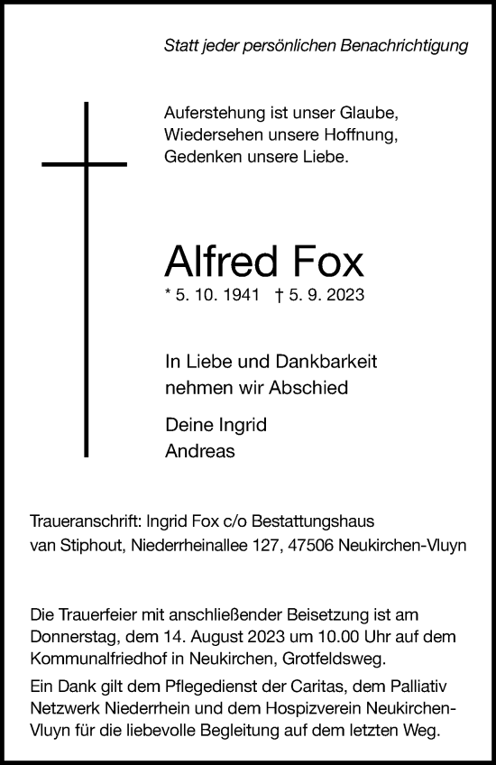 Traueranzeige von Alfred Fox von Tageszeitung
