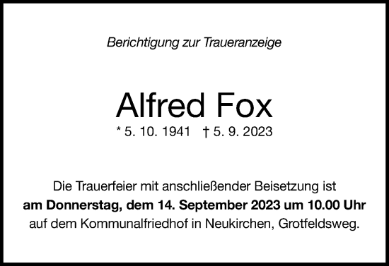 Traueranzeige von Alfred Fox von Tageszeitung