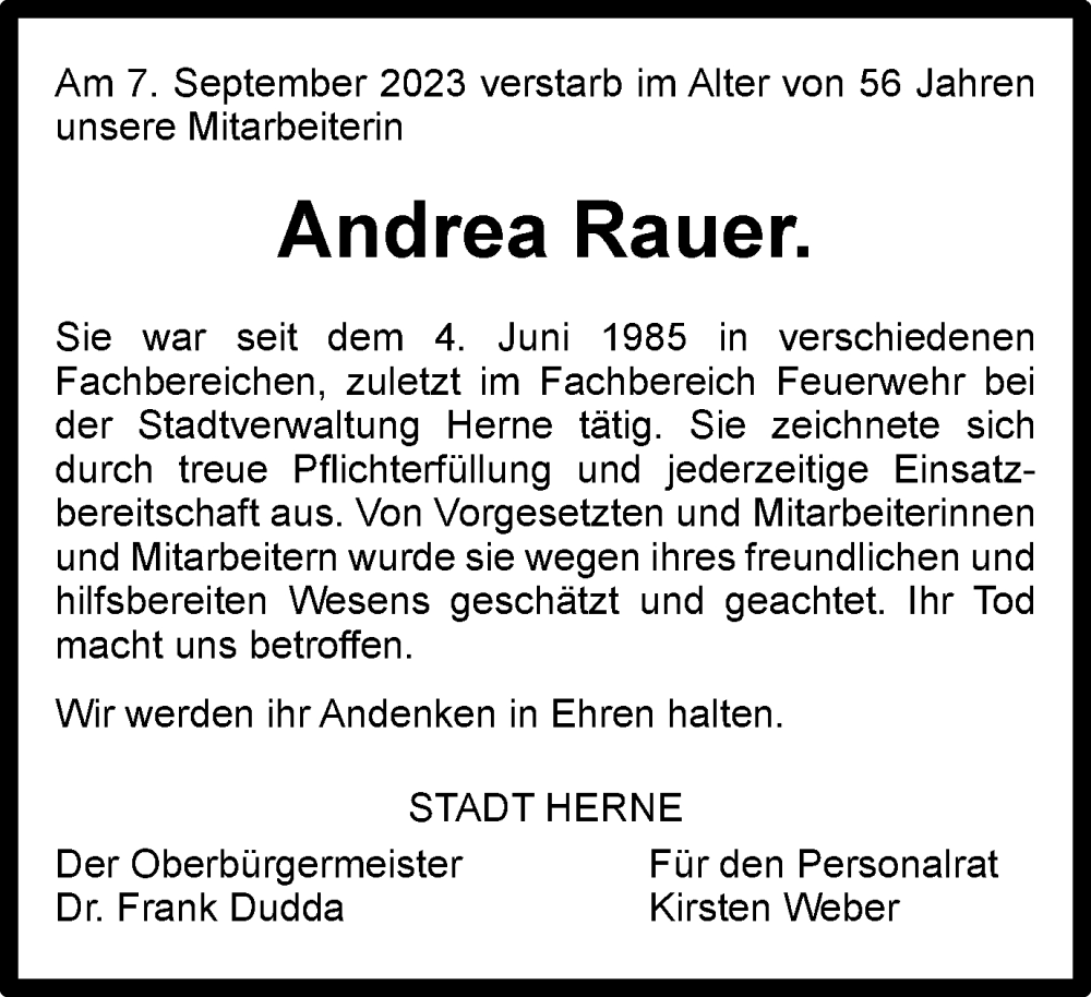  Traueranzeige für Andrea Rauer vom 18.09.2023 aus Tageszeitung