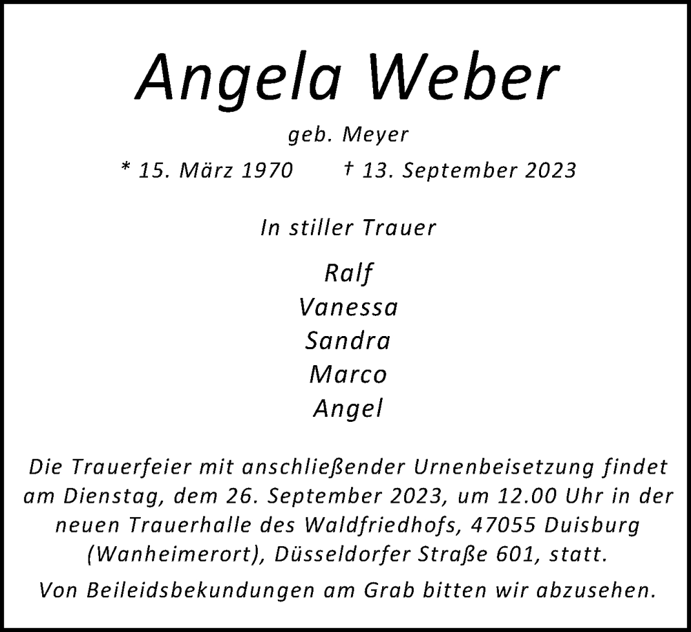  Traueranzeige für Angela Weber vom 18.09.2023 aus Tageszeitung