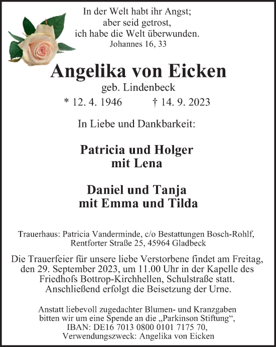 Traueranzeige von Angelika von Eicken von Tageszeitung