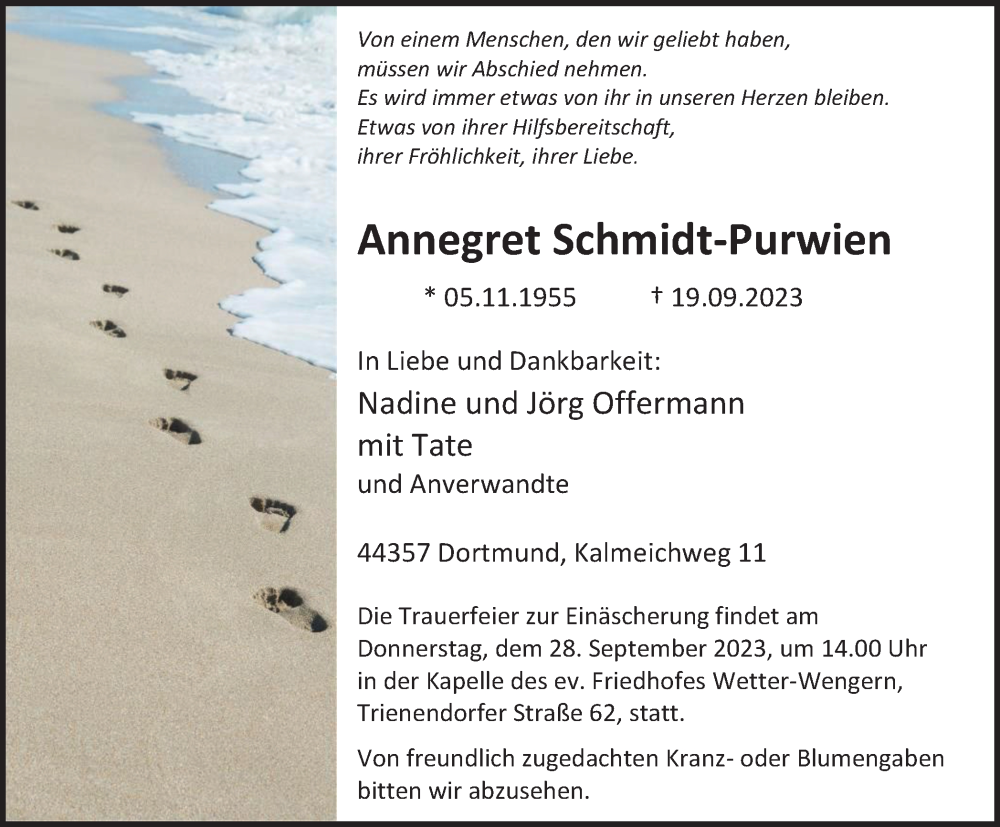  Traueranzeige für Annegret Schmidt-Purwien vom 23.09.2023 aus Tageszeitung