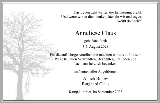 Traueranzeige von Anneliese Claus von Tageszeitung