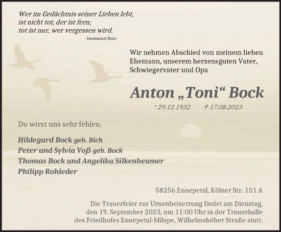 Traueranzeige von Anton Bock von Tageszeitung