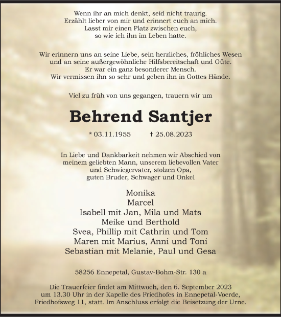 Traueranzeige von Behrend Santjer von Tageszeitung