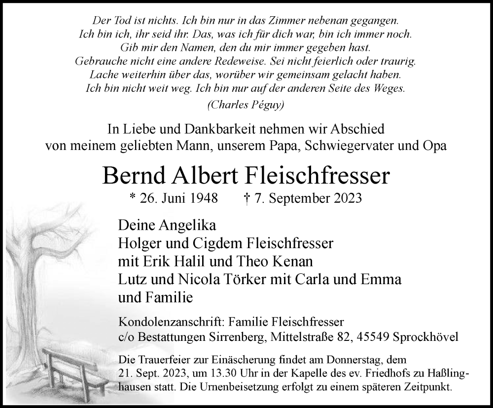  Traueranzeige für Bernd Albert Fleischfresser vom 16.09.2023 aus Tageszeitung