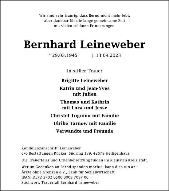 Traueranzeige von Bernhard Leineweber von Tageszeitung