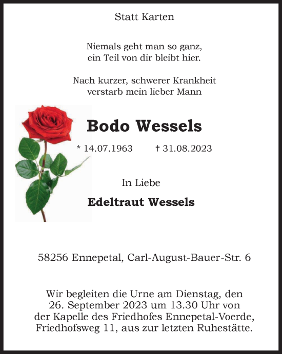 Traueranzeige von Bodo Wessels von Tageszeitung