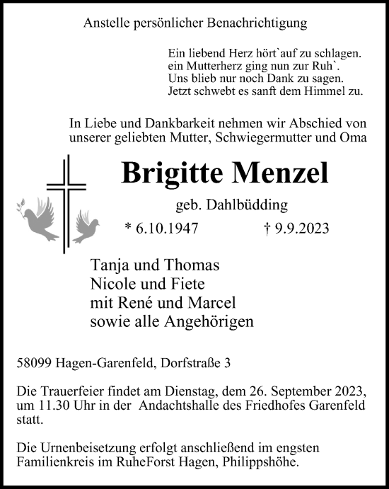 Traueranzeige von Brigitte Menzel von Tageszeitung