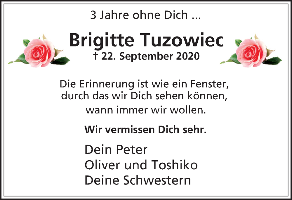  Traueranzeige für Brigitte Tuzowiec vom 22.09.2023 aus Tageszeitung