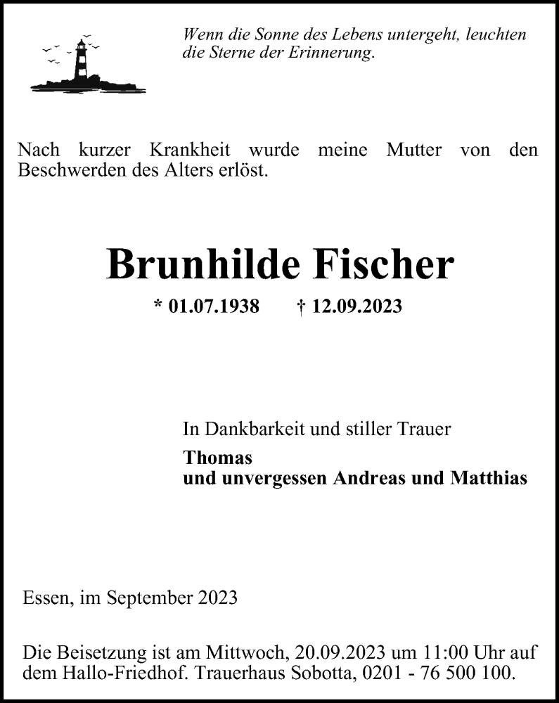  Traueranzeige für Brunhilde Fischer vom 19.09.2023 aus Tageszeitung