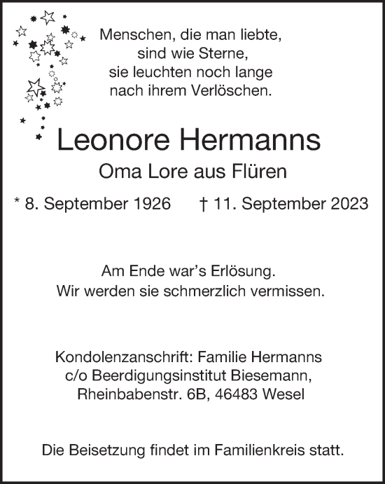 Traueranzeige von Leonore Hermanns von Tageszeitung