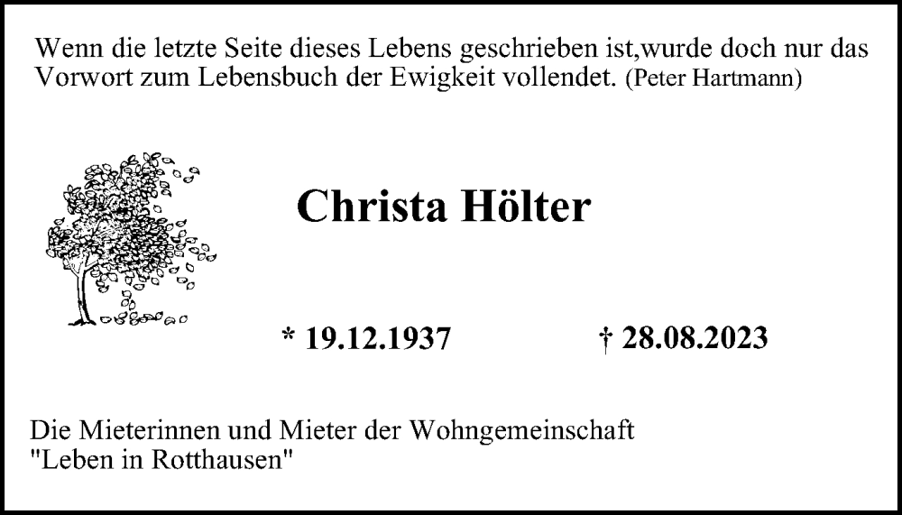  Traueranzeige für Christa Hölter vom 16.09.2023 aus Tageszeitung