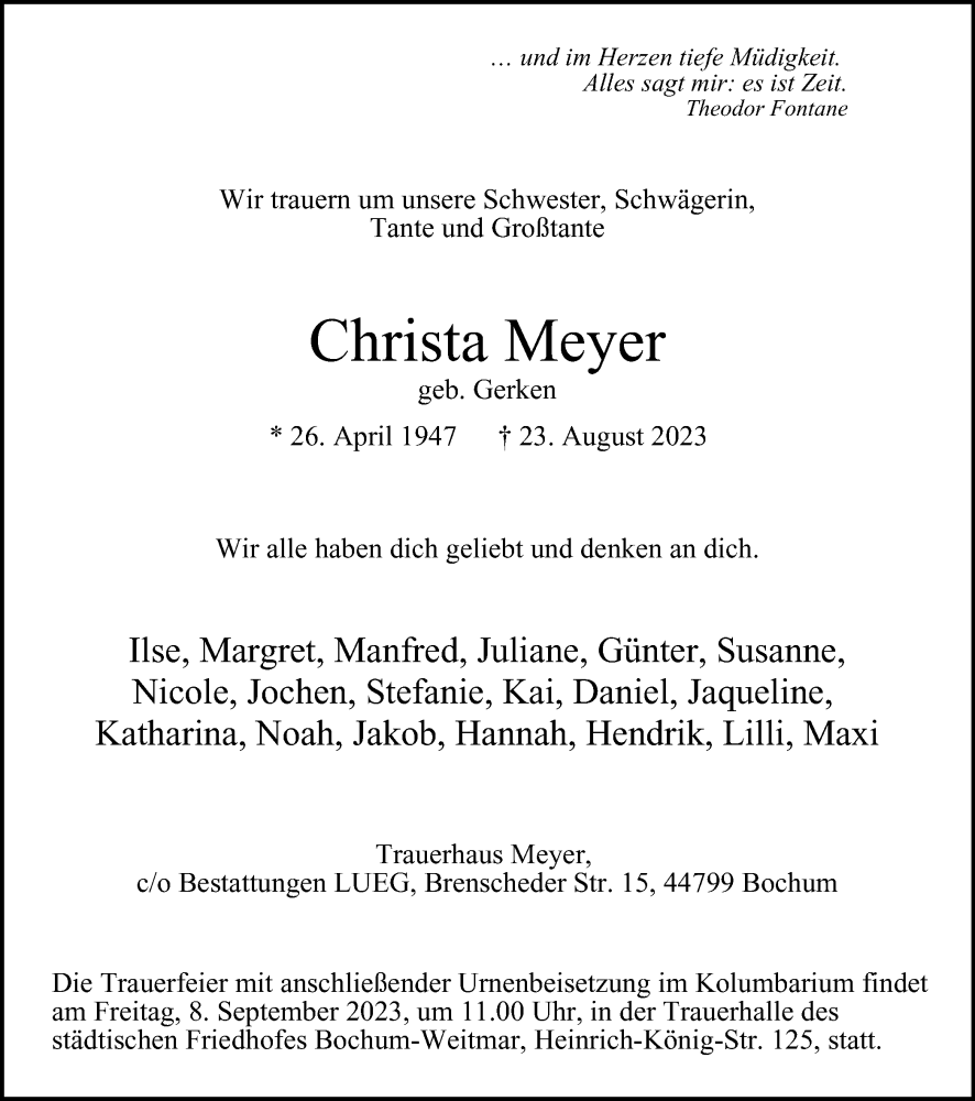  Traueranzeige für Christa Meyer vom 02.09.2023 aus Tageszeitung