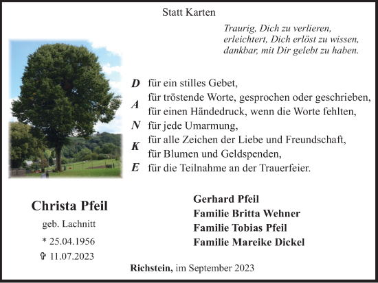 Traueranzeige von Christa Pfeil von Tageszeitung
