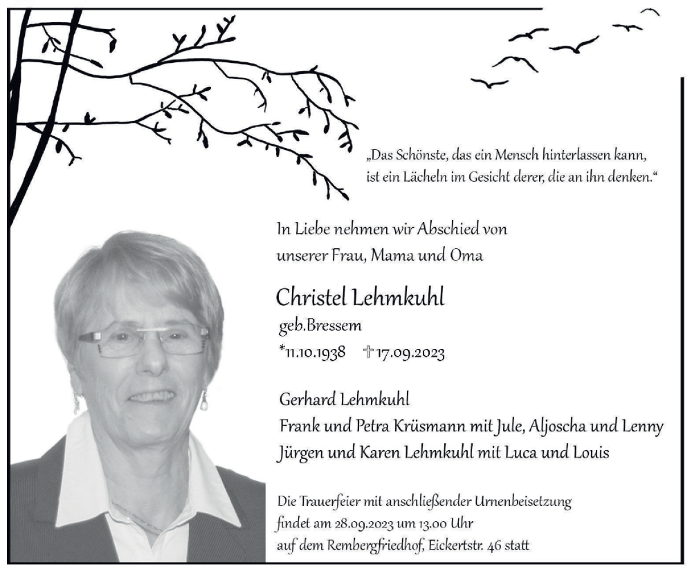  Traueranzeige für Christei Lehmkuhl vom 23.09.2023 aus Tageszeitung