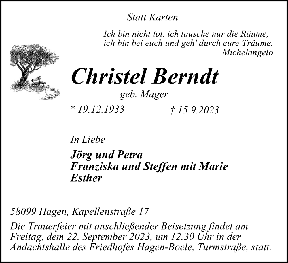  Traueranzeige für Christel Berndt vom 16.09.2023 aus Tageszeitung
