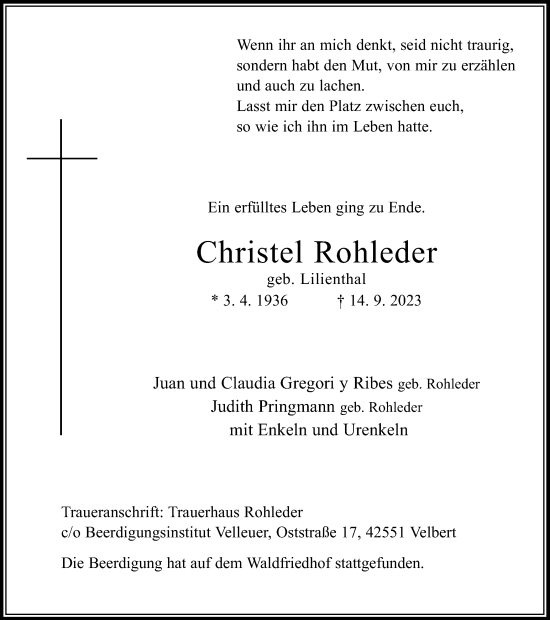 Traueranzeige von Christel Rohleder von Tageszeitung