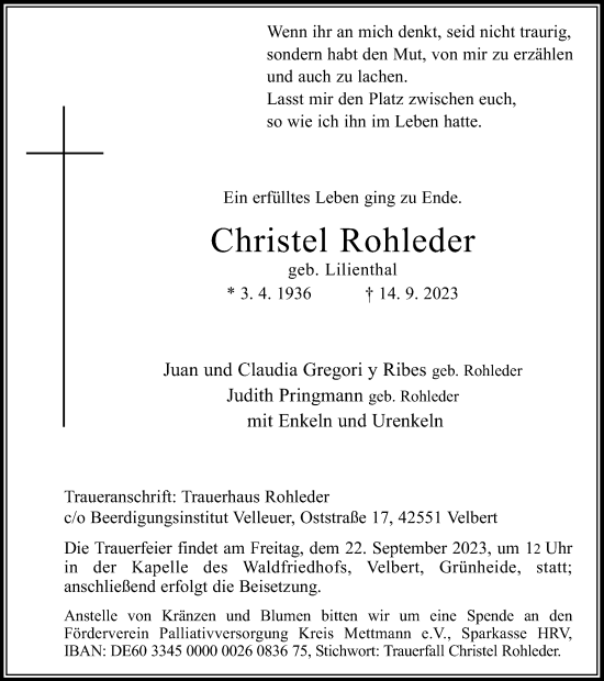 Traueranzeige von Christel Rohleder von Tageszeitung