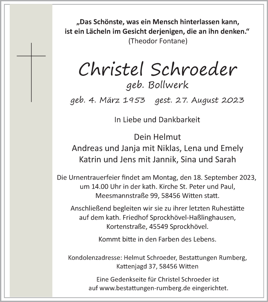  Traueranzeige für Christel Schroeder vom 09.09.2023 aus Tageszeitung