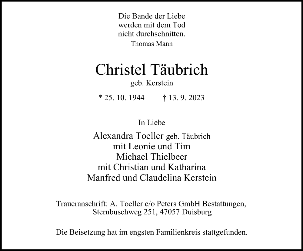  Traueranzeige für Christel Täubrich vom 23.09.2023 aus Tageszeitung