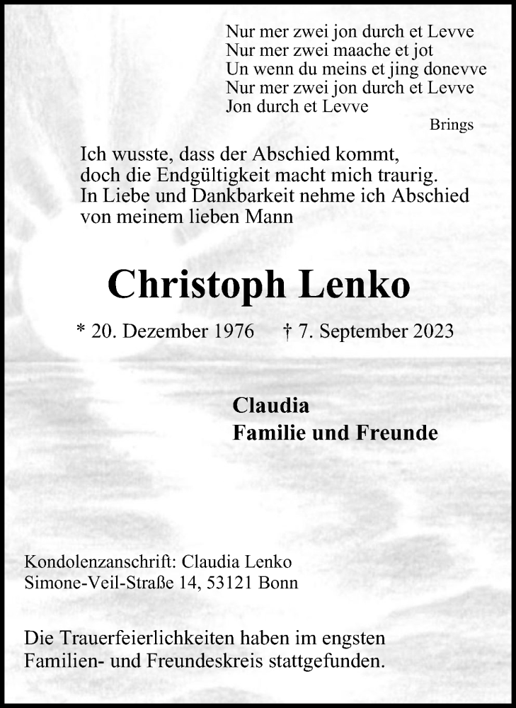  Traueranzeige für Christoph Lenko vom 16.09.2023 aus Tageszeitung