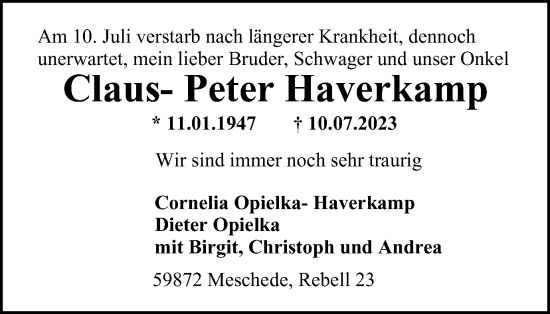 Traueranzeige von Claus-Peter Haverkamp von Tageszeitung