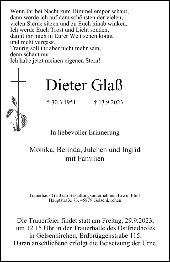  Traueranzeige für Dieter Glaß vom 23.09.2023 aus Tageszeitung